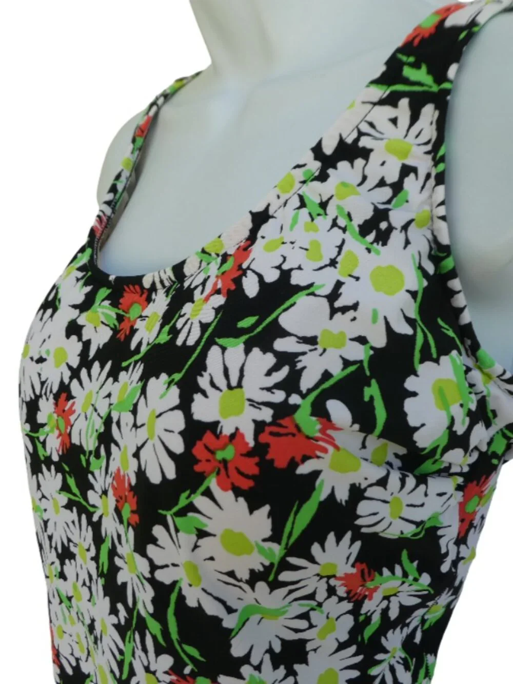 Vintage USA Sea Waves Floral Swim Dress One Piece Swimsuit Molded Bra Cups Skirt